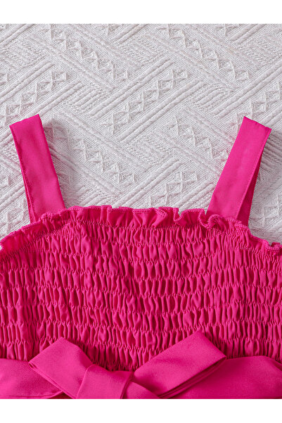 Take Two By Styli Girls Neon Pink Embellished Smocking Detail A-Line Dress