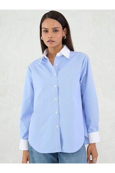 Femmella By Styli Blue Stripe Contrast Collar Buttoned Shirt