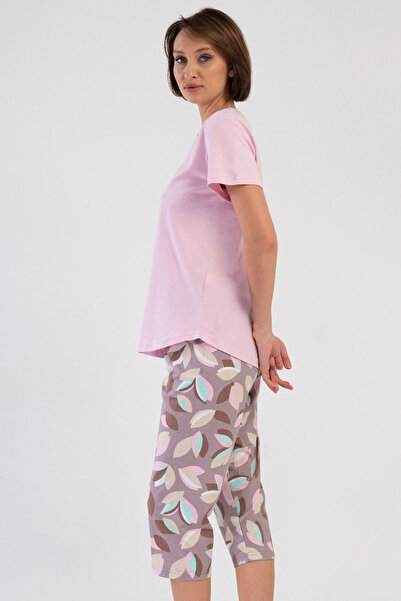 VİENETTA Pamuklu Kadın Büyük Beden Kısa Kol Kaprili Pijama Takım