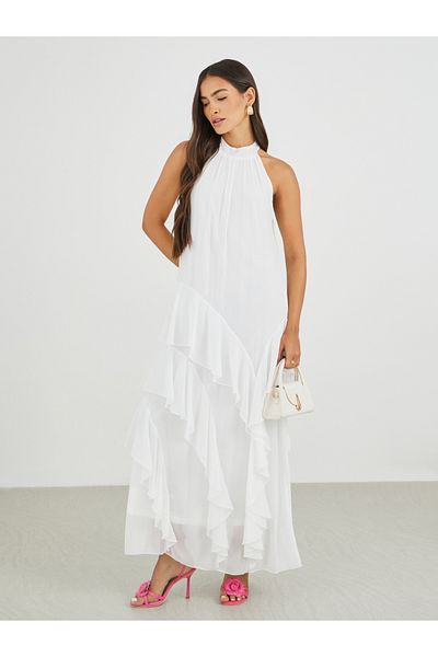 Styli Solid Halter Neck Ruffled Tiered Maxi Dress