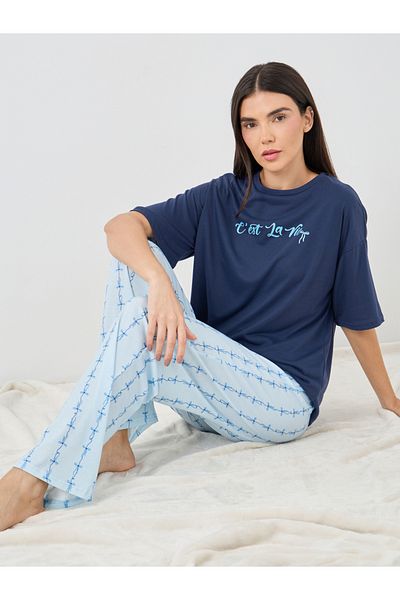 Styli Slogan Print Short Sleeve T-Shirt and Pyjama Set
