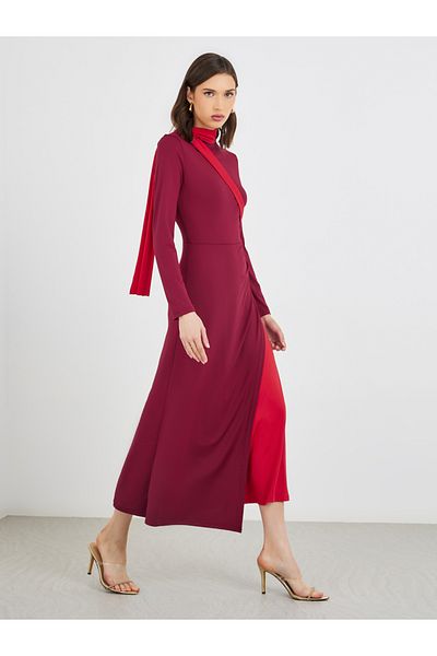 Styli Color Block Long Sleeve A-Line Midi Dress with Ruched Detail