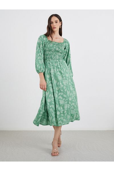 Styli All Over Print Square Neck Midi Dress