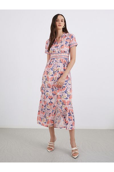 Styli All Over Print V Neck A-Line Maxi Dess