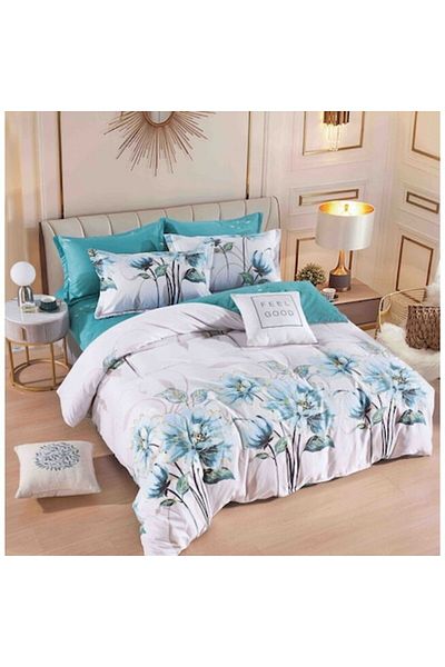 JOJO HOME Double Bed Linen with Elastic, Jojo Home, Floral Print, Turquoise, 6 Pieces