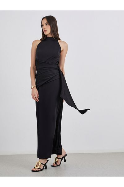 Styli Halter Neck Sheath Maxi Dress with Drape Overlay