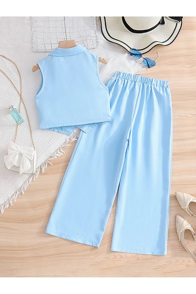 Take Two By Styli Solid Button Up Vest and Wide Leg Pants Set