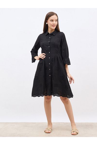 Styli Women Black Schiffli Bell Sleeves Shirt Knee-Length Dress