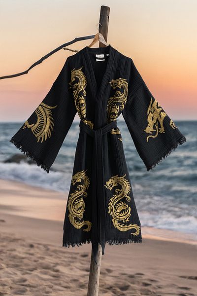 VAROL Organic 100% Cotton Kimono Collar Bathrobe Beach Dress - Viserion - Yellow - L/Xl
