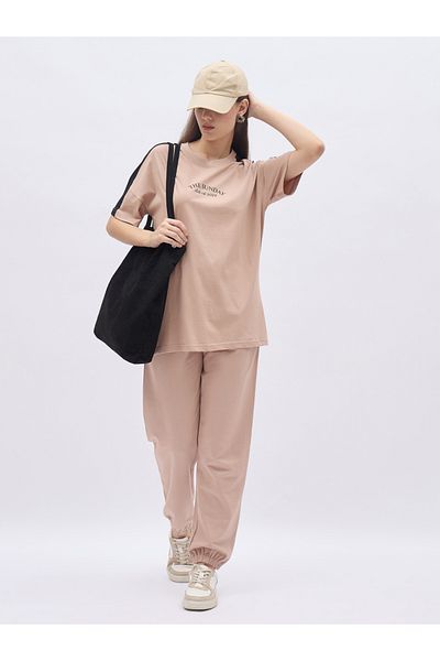 Styli Beige Oversized Slogan T-Shirt and Cuffed Joggers Set