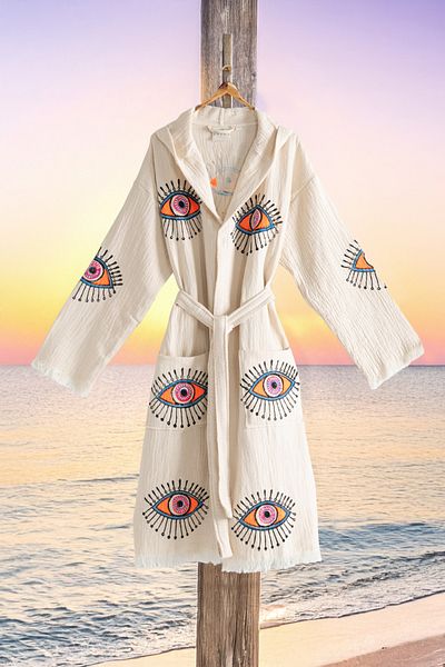 VAROL Organic 100% Cotton Hooded Robe Beach Dress - Eye - L/Xl