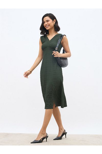 Styli Women Self Design V Neck A-Line Midi Dress with Slit Detail