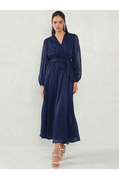 Femmella By Styli Navy Blue Lurex Wrap Look A-Line Maxi Dress with Tie Detail