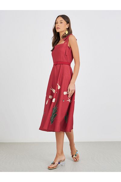 Styli Floral Print Strappy A-Line Midi Dress with Fabric Belt