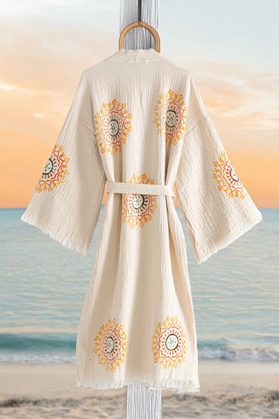 VAROL Organic 100% Cotton Kimono Collar Bathrobe Beach Dress - Lemura - L/Xl