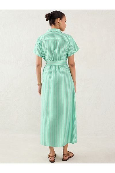 Femmella By Styli Green Striped Button Down Shirt Maxi Dress with Belt Detail