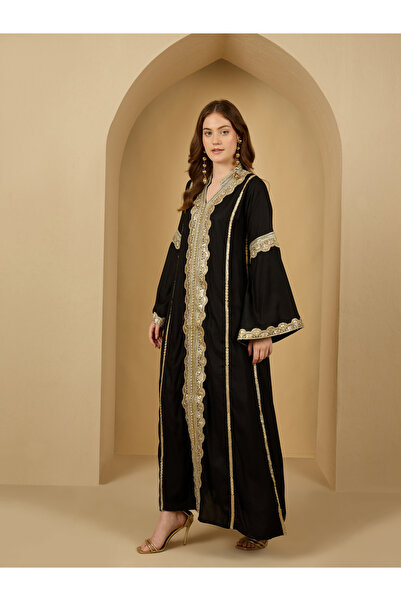 Styli Embroidered Lace Trim V Neck Jalabiya