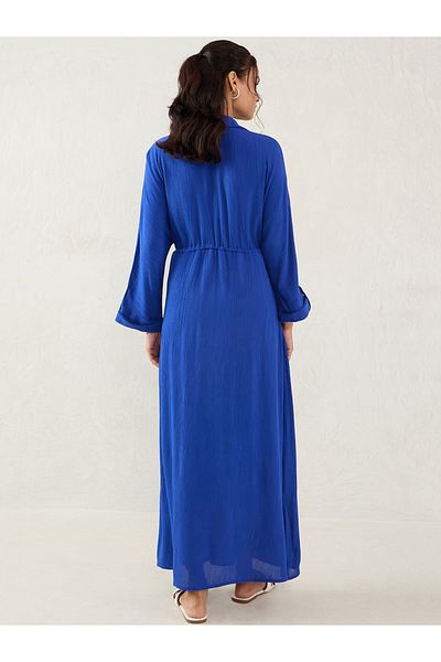 Femmella By Styli Blue Crinkled Collared A-Line Maxi Dress with Drawstring Waist