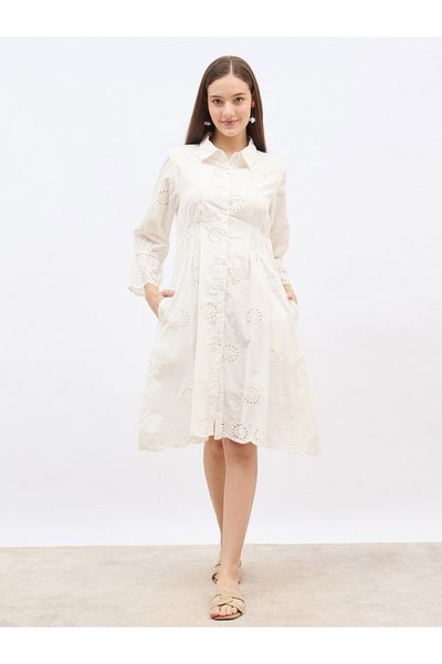 Styli Women White Schiffli Bell Sleeves Shirt Knee-Length Dress