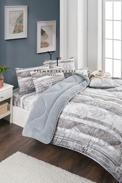 ChicMaison Double Fluffy Sleeping Set |   Elastic Sheet |   Dowry Set |   Dowry Team |   Gray Leaf