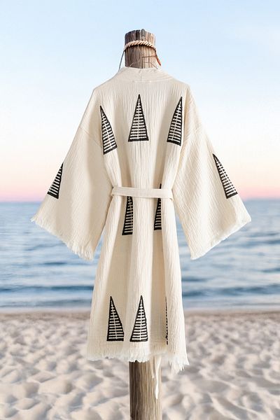 VAROL Organic 100% Cotton Kimono Collar Bathrobe Beach Dress - Pyramid - L/Xl