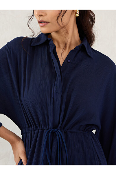 Femmella By Styli Blue Crinkled Collared A-Line Maxi Dress with Drawstring Waist