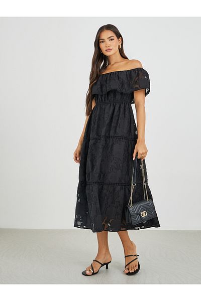 Styli Lace Off Shoulder Tiered Midi Dress