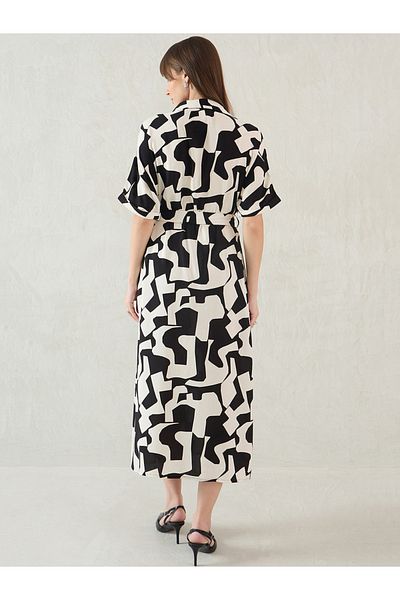 Femmella By Styli Abstract Print Collared Shirt Midi Dress with Belt Detail