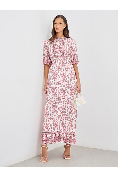 Styli All-Over Print Maxi Dress with Button Front