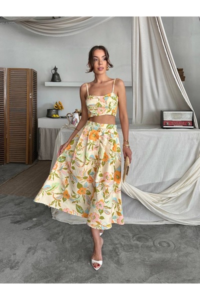 conconmoda Dalia Çiçek Baskılı Keten Midi Elbise