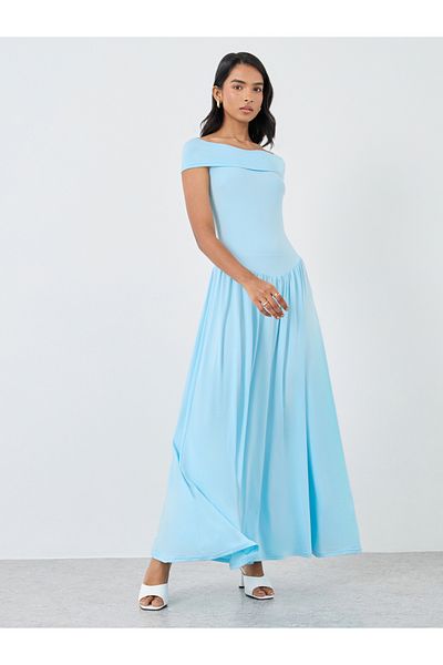 Styli Solid Off Shoulder Gathered Detail Maxi Dress