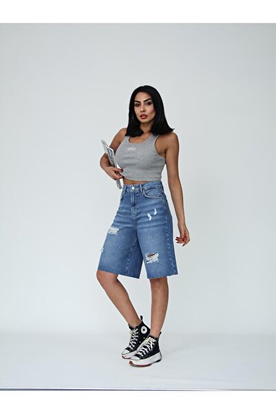 Zeo Basic KADIN UZUN BERMUDA KOT ŞORT YIRTIK DETAYLI MİDİ BOY KOYU MAVİ