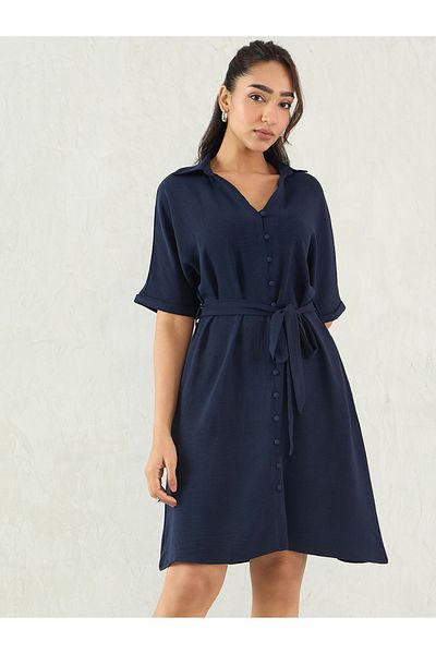 Femmella By Styli Navy Blue Crinkled Button Down Shirt Knee Length Dress