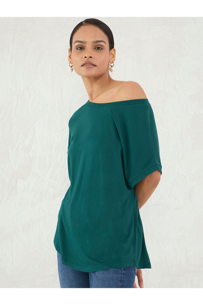 Femmella By Styli Green Knit Off Shoulder Regular Fit Top