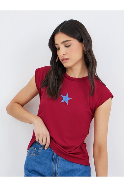 Styli Star Embroidered Ribbed Reglan Short Sleeve Top