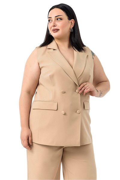 DISENTIS MODEST Plus Size Plated Buttoned Vest Trousers Mink Double Suit