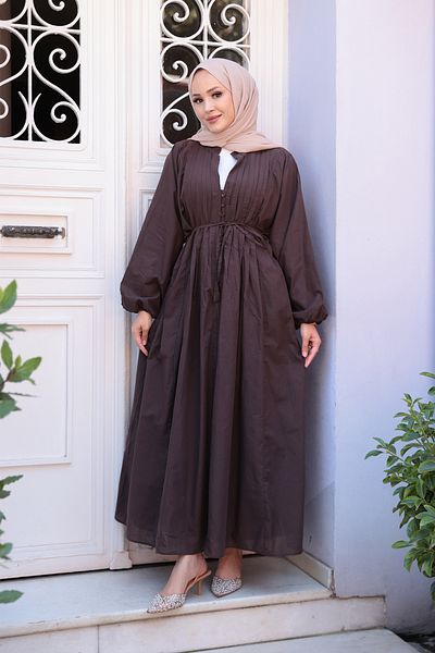 LOCCO Women's Front Gathered Dress Brown