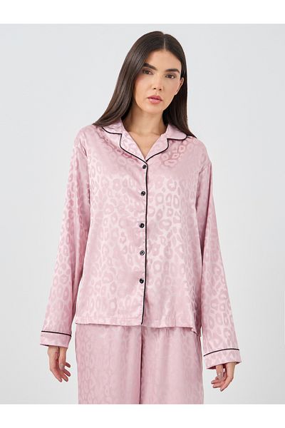 Styli Satin Jacquard Animal Print Piped Detail Shirt and Pyjama Set