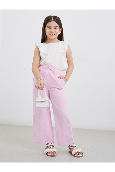 Styli Girls Pink Striped Pants with Drawstring Waist