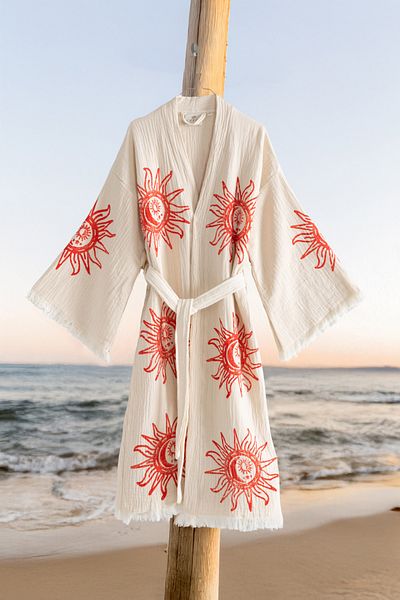 VAROL Organic 100% Cotton Kimono Collar Sabali Bathrobe Beach Dress - Heliona V1 - L/Xl