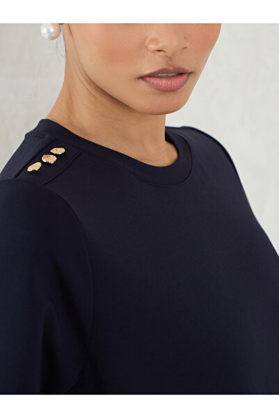 Femmella By Styli Navy Blue Solid Knit Shift Midi Dress with Slit Detail