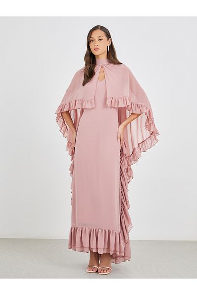 Styli Ruffled Cape Sleeve High Neck Maxi Dress