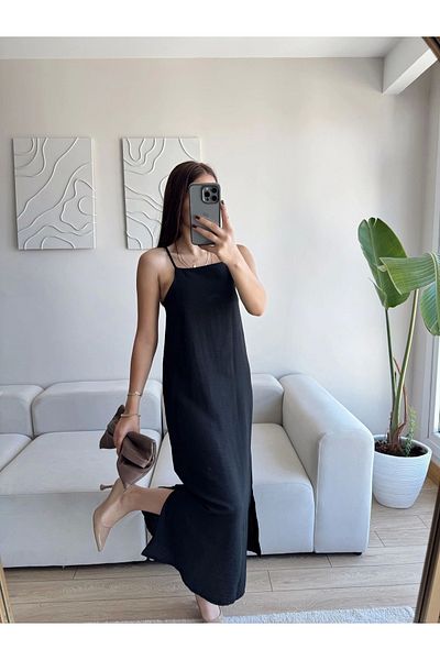 Zoom Butik Slit Linen Strap Dress - Black