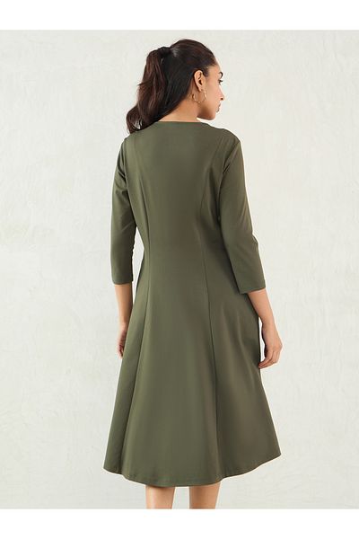 Femmella By Styli Olive Solid Half Zip A-Line Midi Dress