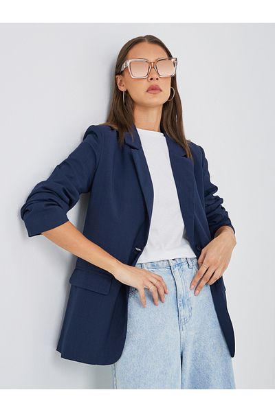 Styli Women Navy Blue Regular Fit Regular Length Linen Look Blazer