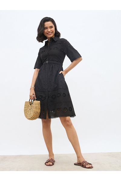 Styli Schiffli Embroidered Shirt Collar Mini Dress