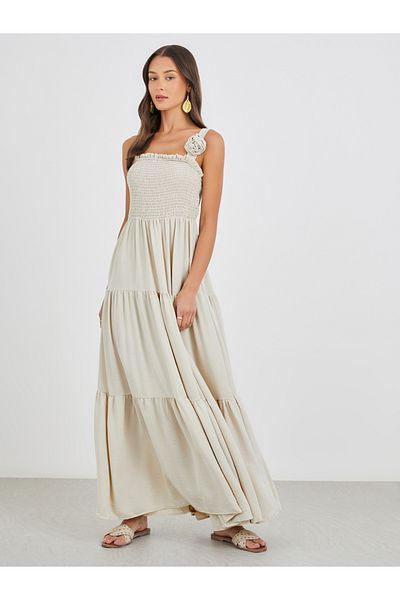 Styli Plain Smocked Tiered Maxi Dress with Corsage Detail