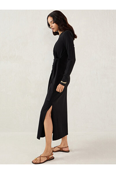 Femmella By Styli Black Solid Knit Sheath Maxi Dress with Knot Detail