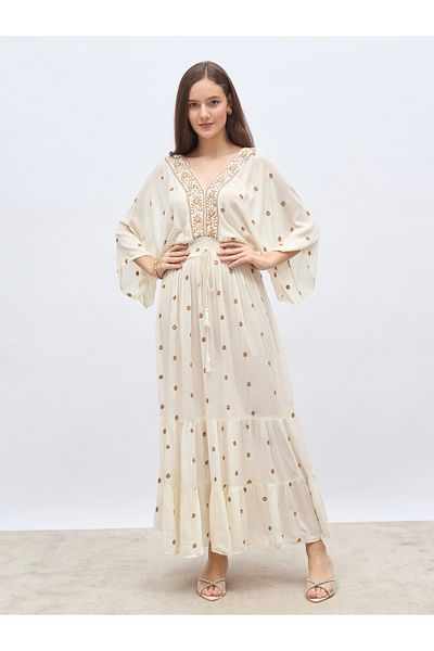 Styli Embroidered Ruffled Hem Smocked Detail A-Line Maxi Dress