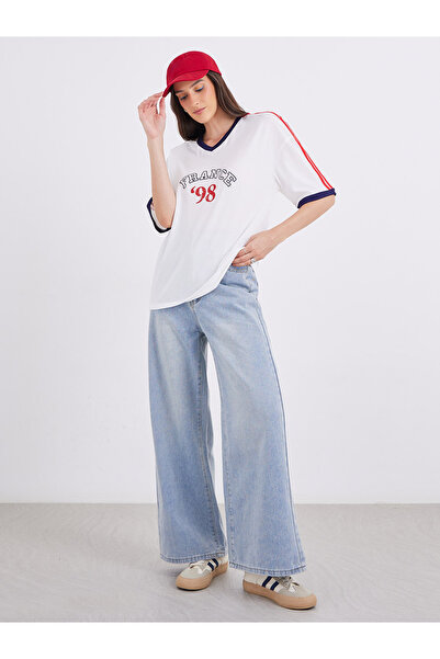 Styli بنطال جينز واسع الساق باهت متوسط الارتفاع مع رباط